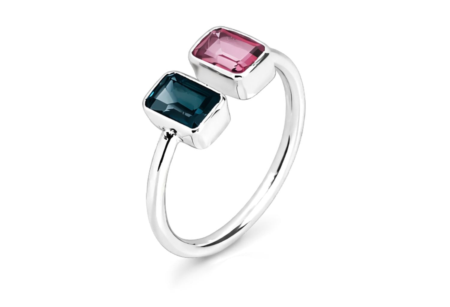 Handmade sterling silver open ring featuring genuine emerald cut pink tourmaline and London blue topaz gemstones in polished bezel settings with an ultra mirror polished 925 sterling silver band on a white background.
