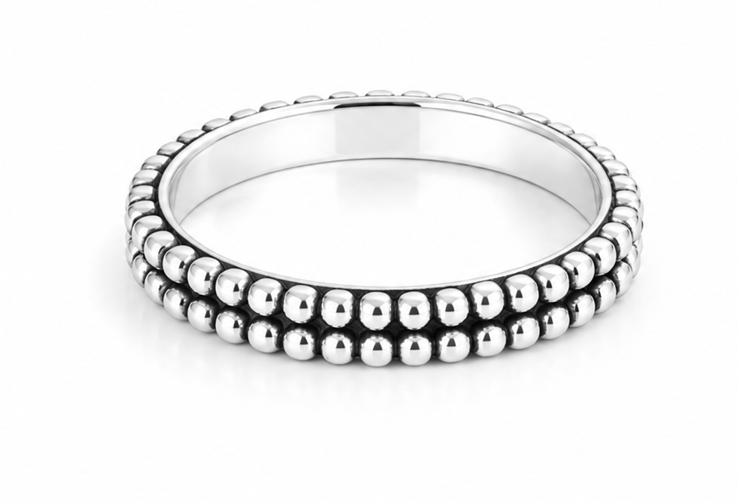 Handmade sterling silver double beaded ring featuring polished bubble detailing on both edges, oxidized accents, and an ultra mirror polished 925 sterling silver finish on a white background.