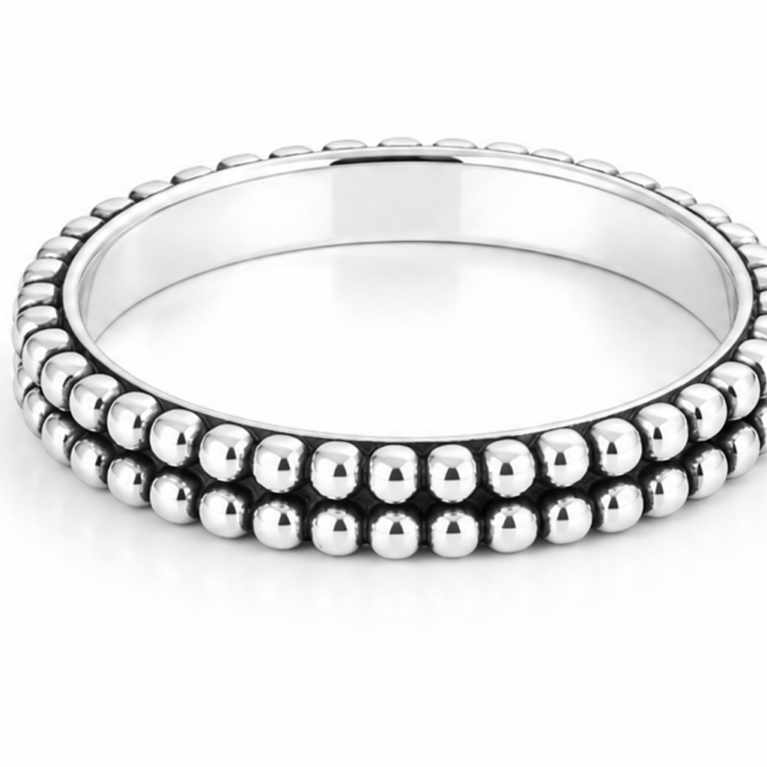 Handmade sterling silver double beaded ring featuring polished bubble detailing on both edges, oxidized accents, and an ultra mirror polished 925 sterling silver finish on a white background.