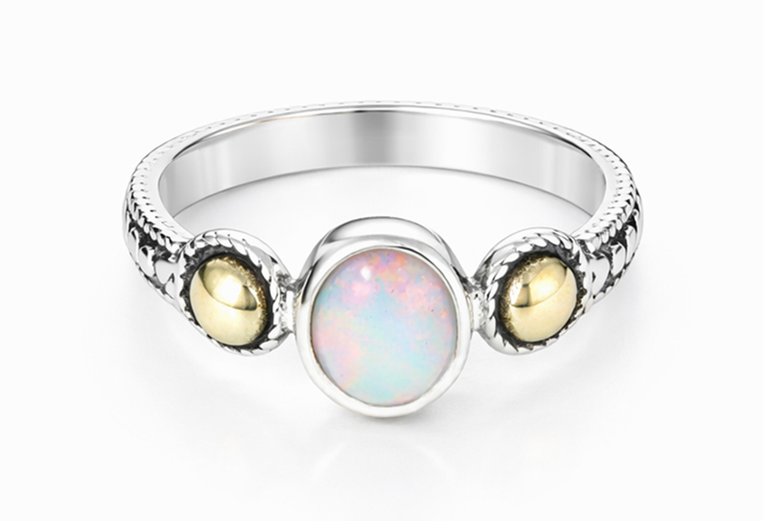 Handmade 925 sterling silver ring featuring a natural oval Ethiopian Opal in a bezel setting with gold accent beads and a hand-textured artisan band.