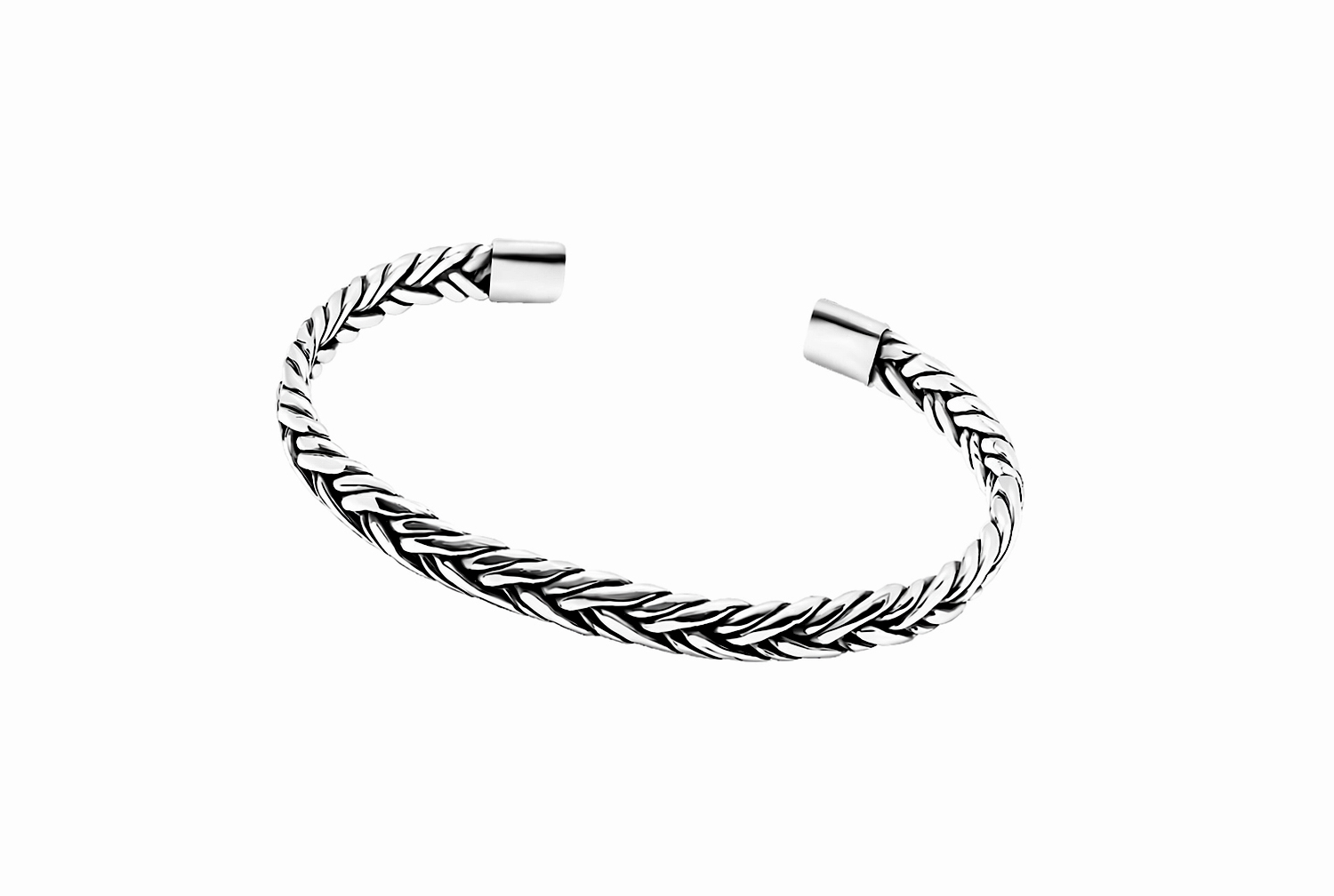 Braided silver cuff bracelet with handcrafted woven texture and polished finish.