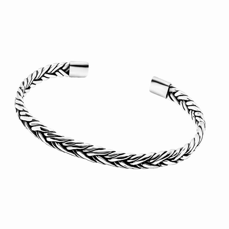 Braided silver cuff bracelet with handcrafted woven texture and polished finish.