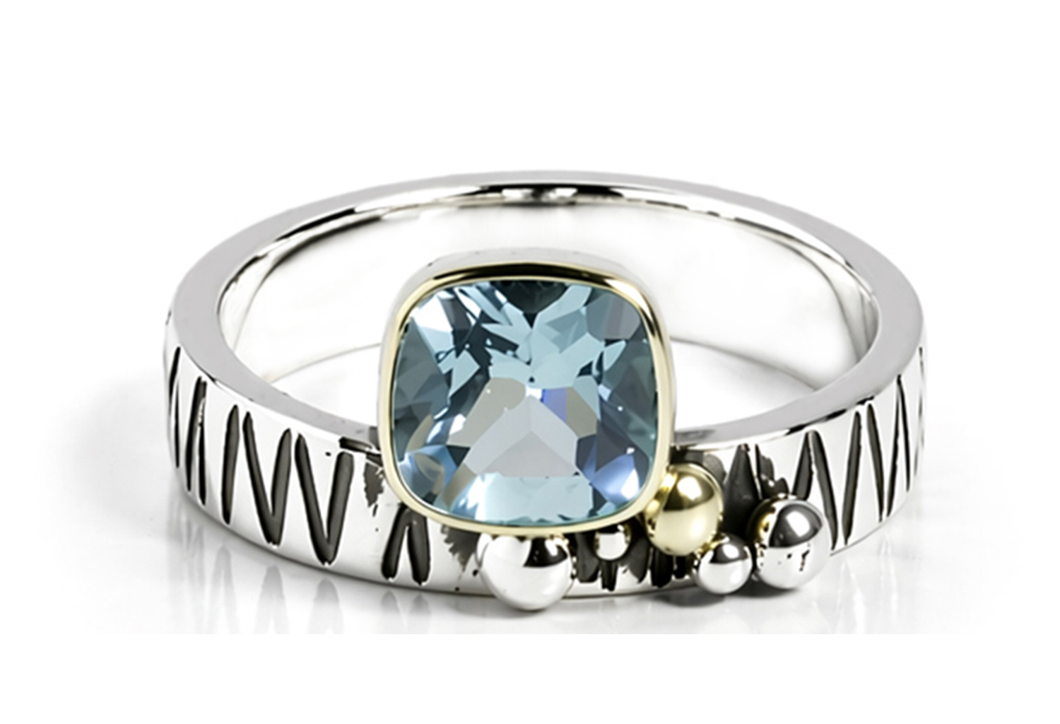 Handmade 925 sterling silver ring featuring a natural cushion-cut Blue Topaz in a bezel setting with a hand-textured band and sculptural silver bead accents.