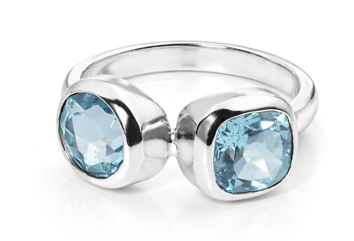 Handmade sterling silver open ring featuring two genuine cushion cut sky blue topaz gemstones in polished bezel settings with an ultra mirror polished 925 sterling silver band on a white background.