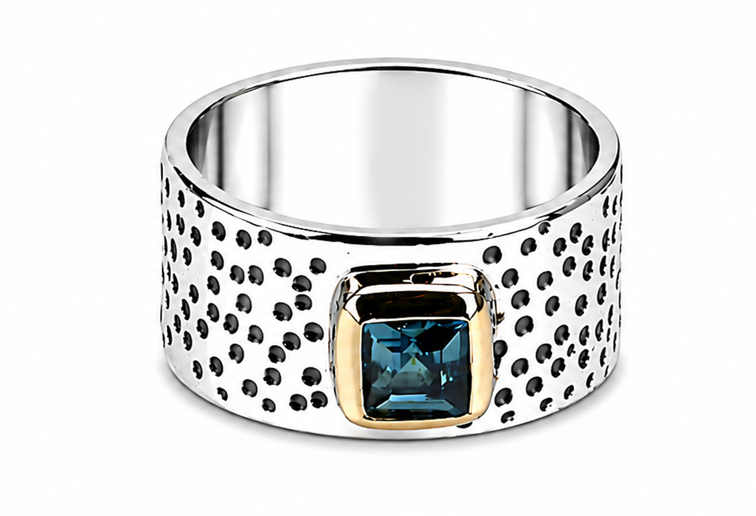 Handmade 925 sterling silver wide band ring featuring a natural square-cut London Blue Topaz in a gold bezel setting with a hand-textured dotted finish.