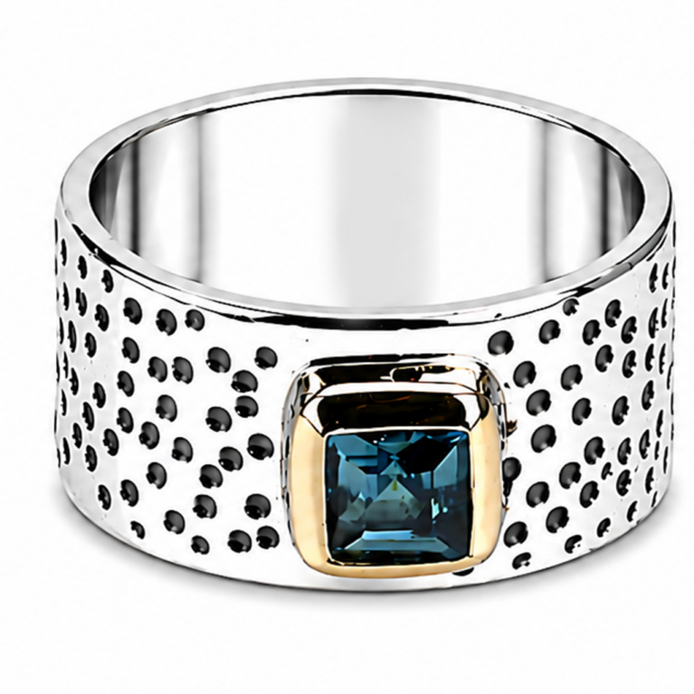 Handmade 925 sterling silver wide band ring featuring a natural square-cut London Blue Topaz in a gold bezel setting with a hand-textured dotted finish.