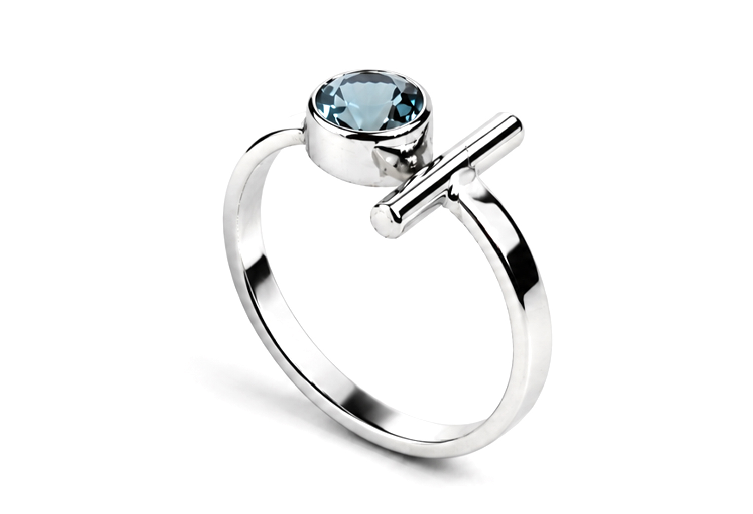 Handmade sterling silver ring featuring a genuine round blue topaz in a polished bezel setting with a modern geometric bar accent and an ultra mirror polished 925 sterling silver band on a white background.