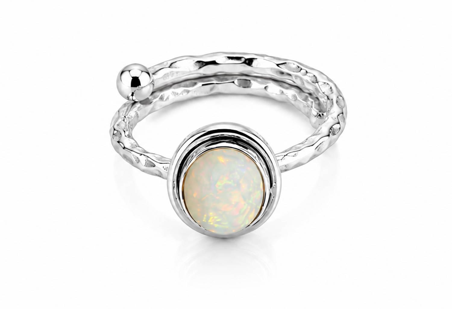 Handmade Opal Hammered Ring – Sterling Silver Artisan Ring