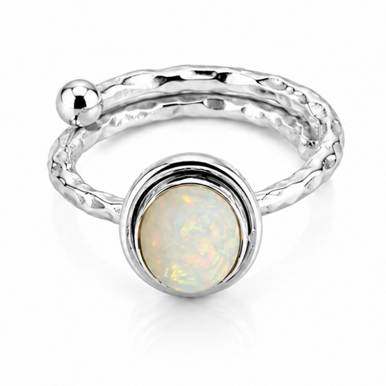 Handmade Opal Hammered Ring – Sterling Silver Artisan Ring