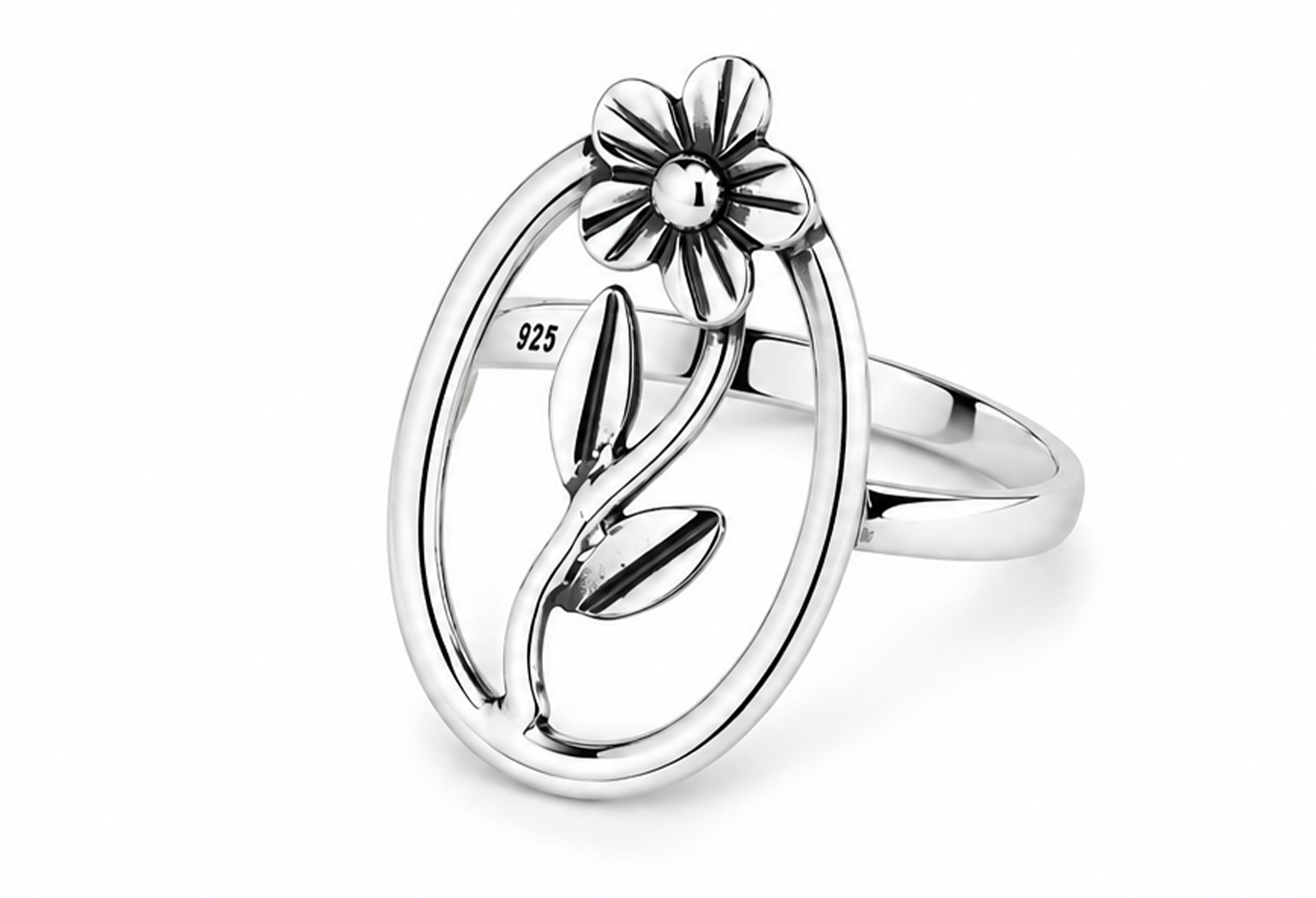 Handmade sterling silver floral oval ring featuring a sculpted flower, flowing vine, and polished leaves within an elegant open oval frame with an ultra mirror polished finish on a white background.