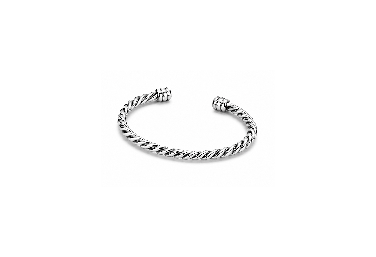 Handcrafted braided 925 sterling silver cuff bracelet with twisted rope design and polished end caps on a clean white background.