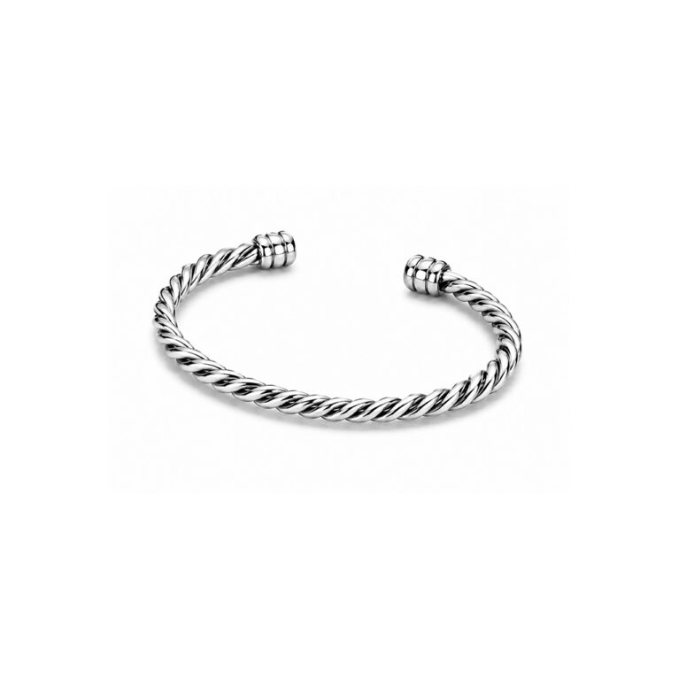 Handcrafted braided 925 sterling silver cuff bracelet with twisted rope design and polished end caps on a clean white background.