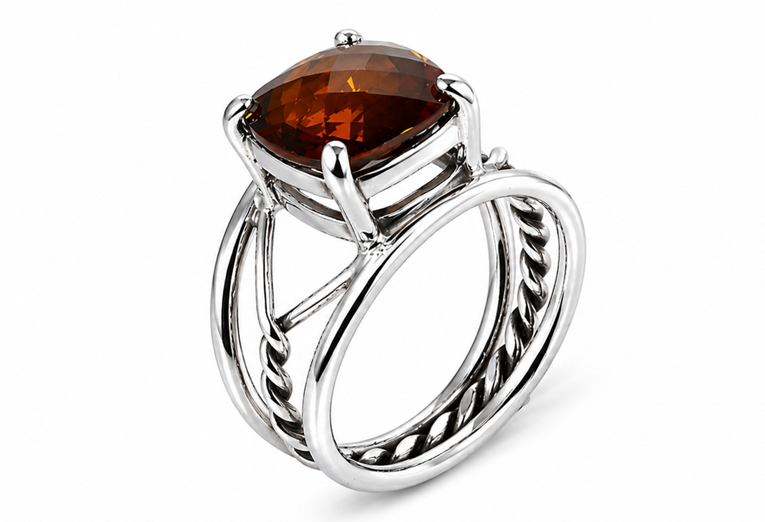 Handmade sterling silver ring featuring a natural cushion cut honey quartz gemstone in a four-prong setting with a braided split shank and ultra mirror polished 925 sterling silver finish on a white background.