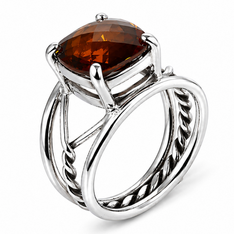 Handmade sterling silver ring featuring a natural cushion cut honey quartz gemstone in a four-prong setting with a braided split shank and ultra mirror polished 925 sterling silver finish on a white background.