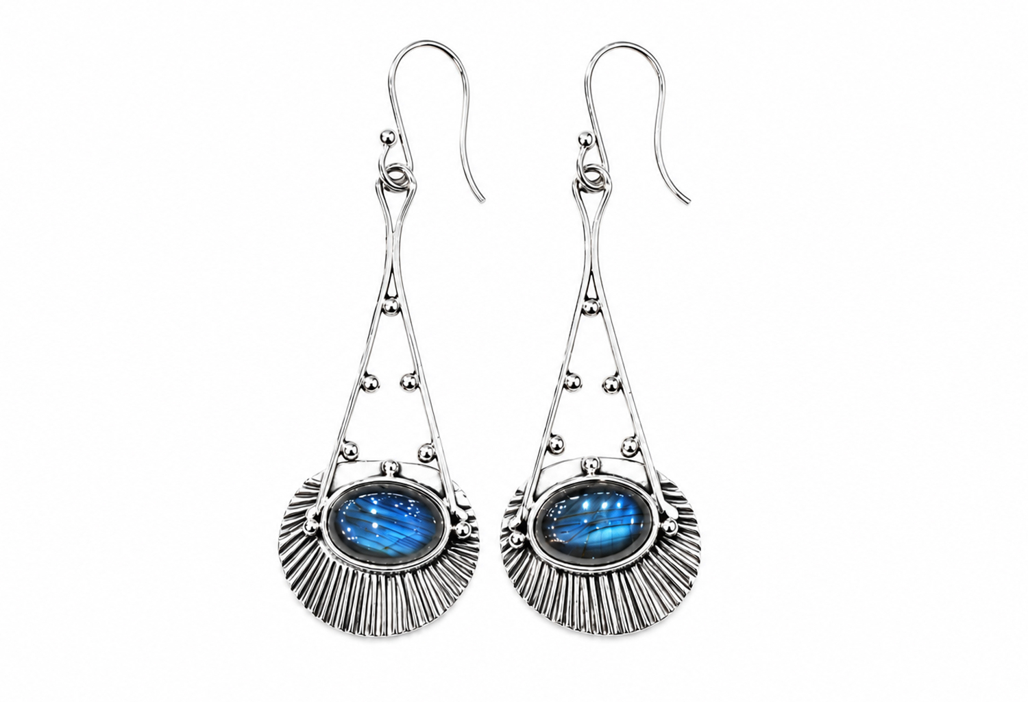 Handmade sterling silver statement earrings featuring genuine oval labradorite gemstones with openwork detailing, polished silver bead accents, textured fan design, French hooks, and an ultra mirror polished 925 sterling silver finish on a white background.
