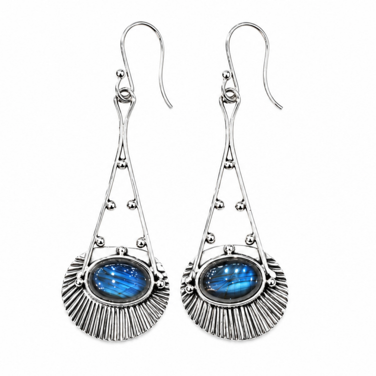 Handmade sterling silver statement earrings featuring genuine oval labradorite gemstones with openwork detailing, polished silver bead accents, textured fan design, French hooks, and an ultra mirror polished 925 sterling silver finish on a white background.