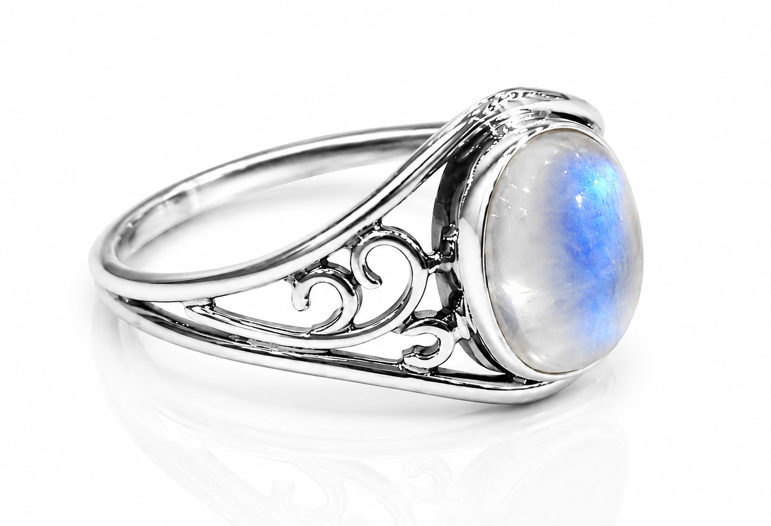 Handcrafted 925 sterling silver moonstone ring featuring a natural oval rainbow moonstone in a smooth bezel setting with an elegant filigree split shank.