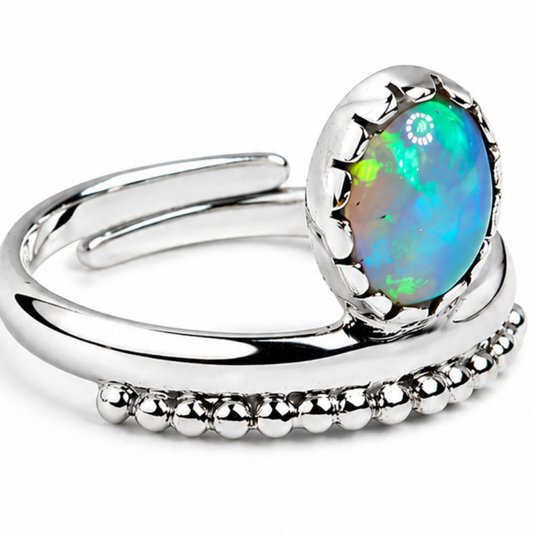 Handmade sterling silver adjustable ring featuring a genuine oval opal in a decorative bezel setting with polished bead detailing and an ultra mirror polished 925 sterling silver open band on a white background.