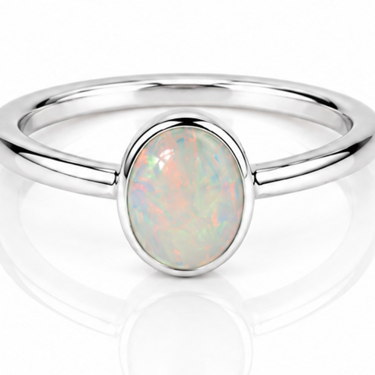 Handmade sterling silver ring featuring a genuine natural oval opal in a polished bezel setting with a minimalist 925 sterling silver band and ultra mirror finish on a white background.