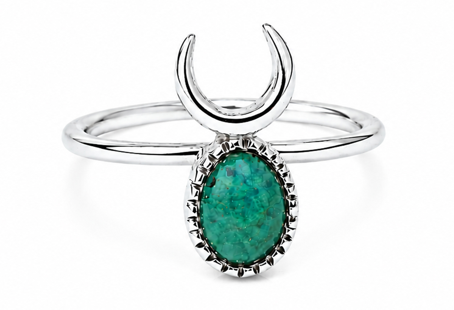 Handmade sterling silver crescent moon ring featuring a genuine oval turquoise gemstone in a decorative bezel setting with an ultra mirror polished 925 sterling silver band on a white background.
