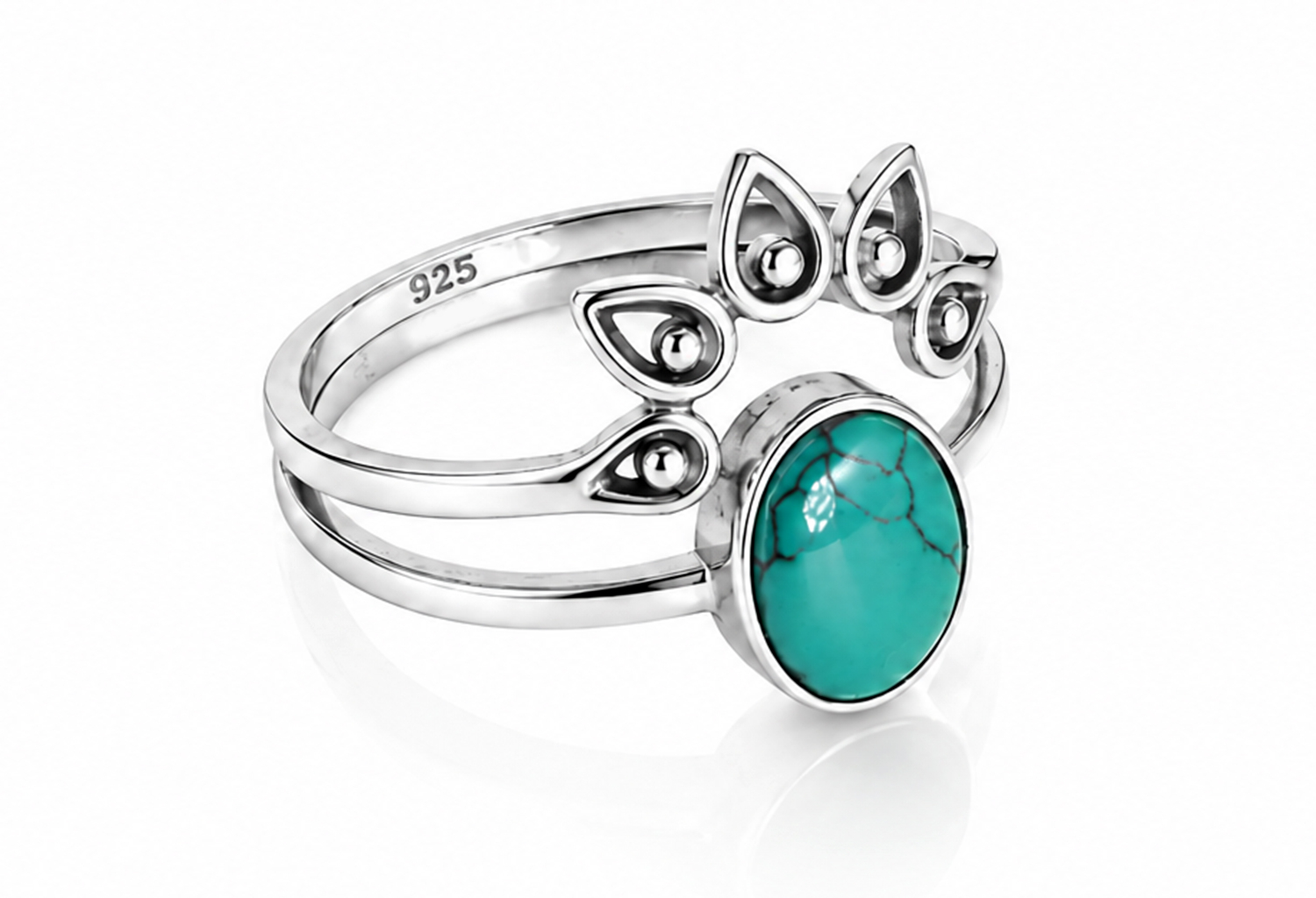 Turquoise Leaf Split Shank Ring – Sterling Silver Stacking Ring
