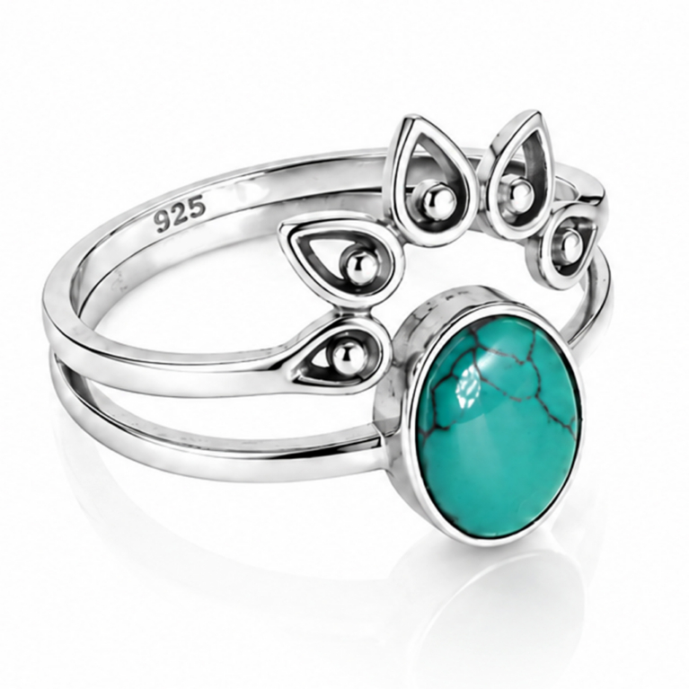 Turquoise Leaf Split Shank Ring – Sterling Silver Stacking Ring