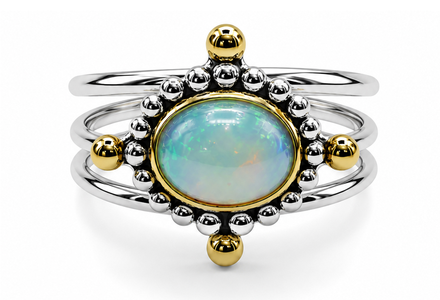 Handmade Ethiopian Opal Three Layered Ring in 925 Sterling Silver with Gold Bezel and Split Shank Design.