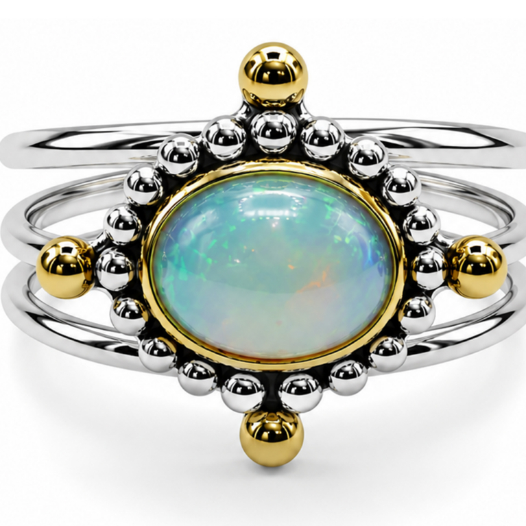 Handmade Ethiopian Opal Three Layered Ring in 925 Sterling Silver with Gold Bezel and Split Shank Design.