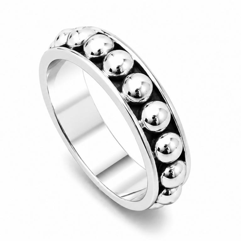 Handmade sterling silver beaded ring featuring polished bubble detailing with oxidized accents and an ultra mirror finish on a white background.