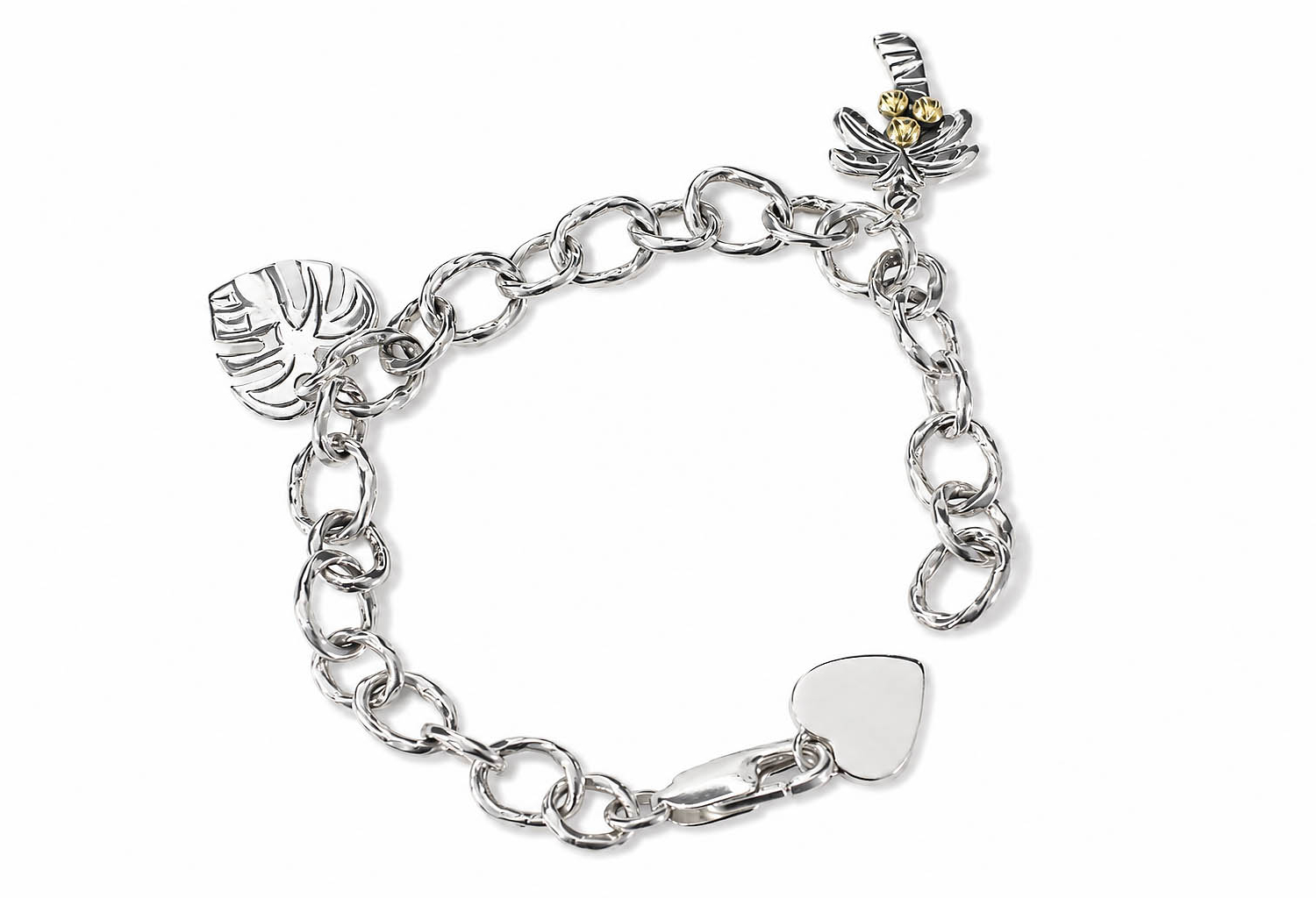 Discover charm bracelet with palm and leaves design of barhafine in a white background