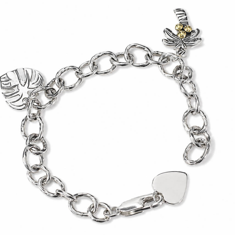 Discover charm bracelet with palm and leaves design of barhafine in a white background