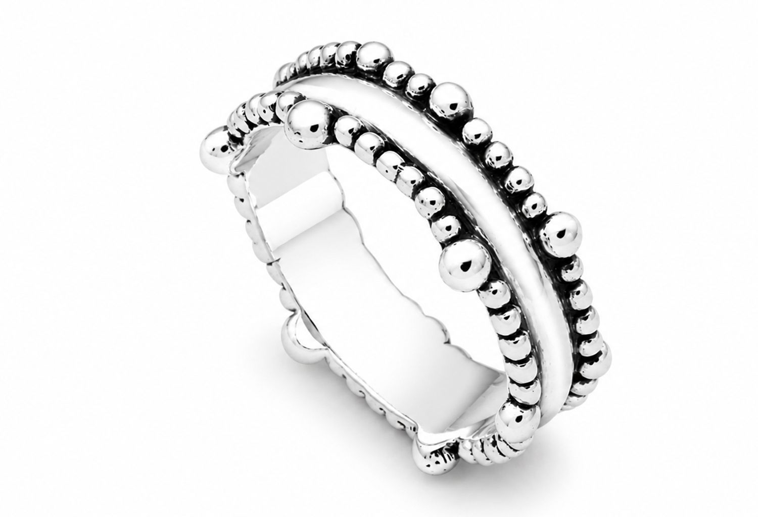 Handmade sterling silver double wave beaded ring featuring sculptural curves, graduated polished silver beads, oxidized accents, and an ultra mirror finish on a white background.