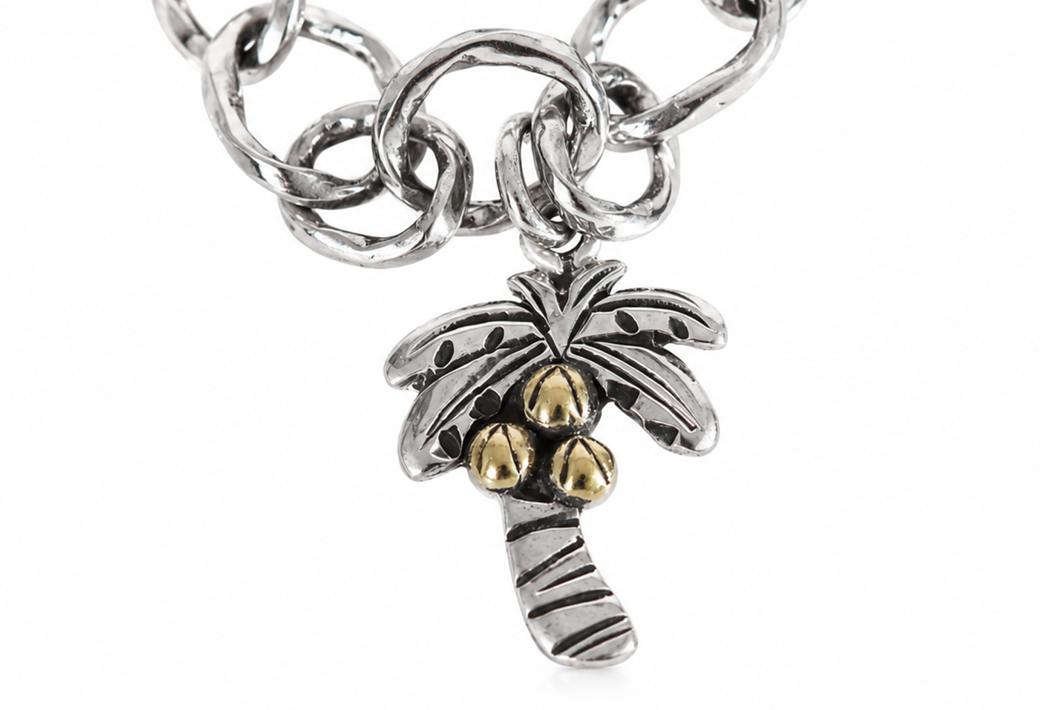 Handmade 925 sterling silver palm tree charm with gold-tone coconuts, tropical design, mirror-polished finish, and artisan detailing by Barha Fine.