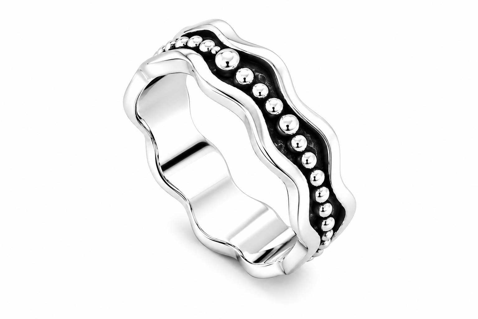 Handmade sterling silver organic wave ring with polished silver bead detailing and an ultra mirror finish on a white background.